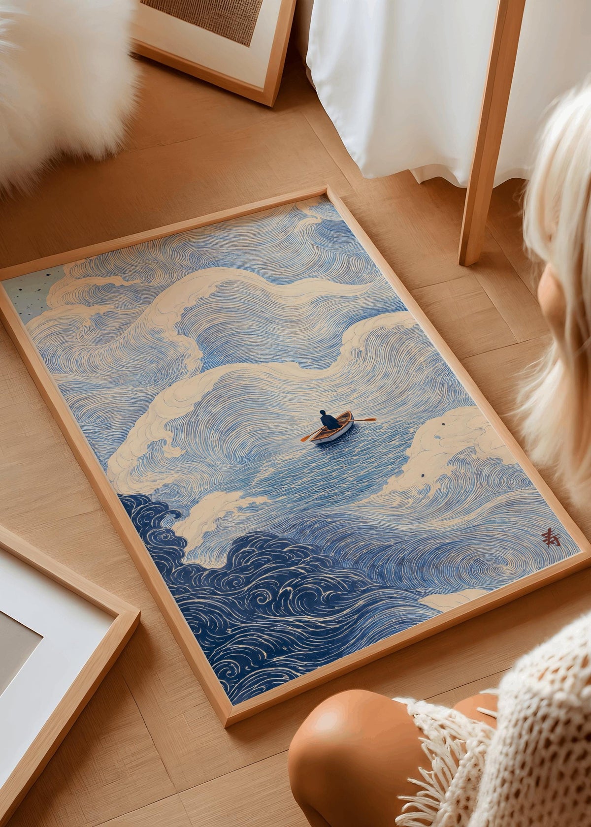 Japanese Wave Art Print Boat at Sea Ocean Wall Art - Digital Download