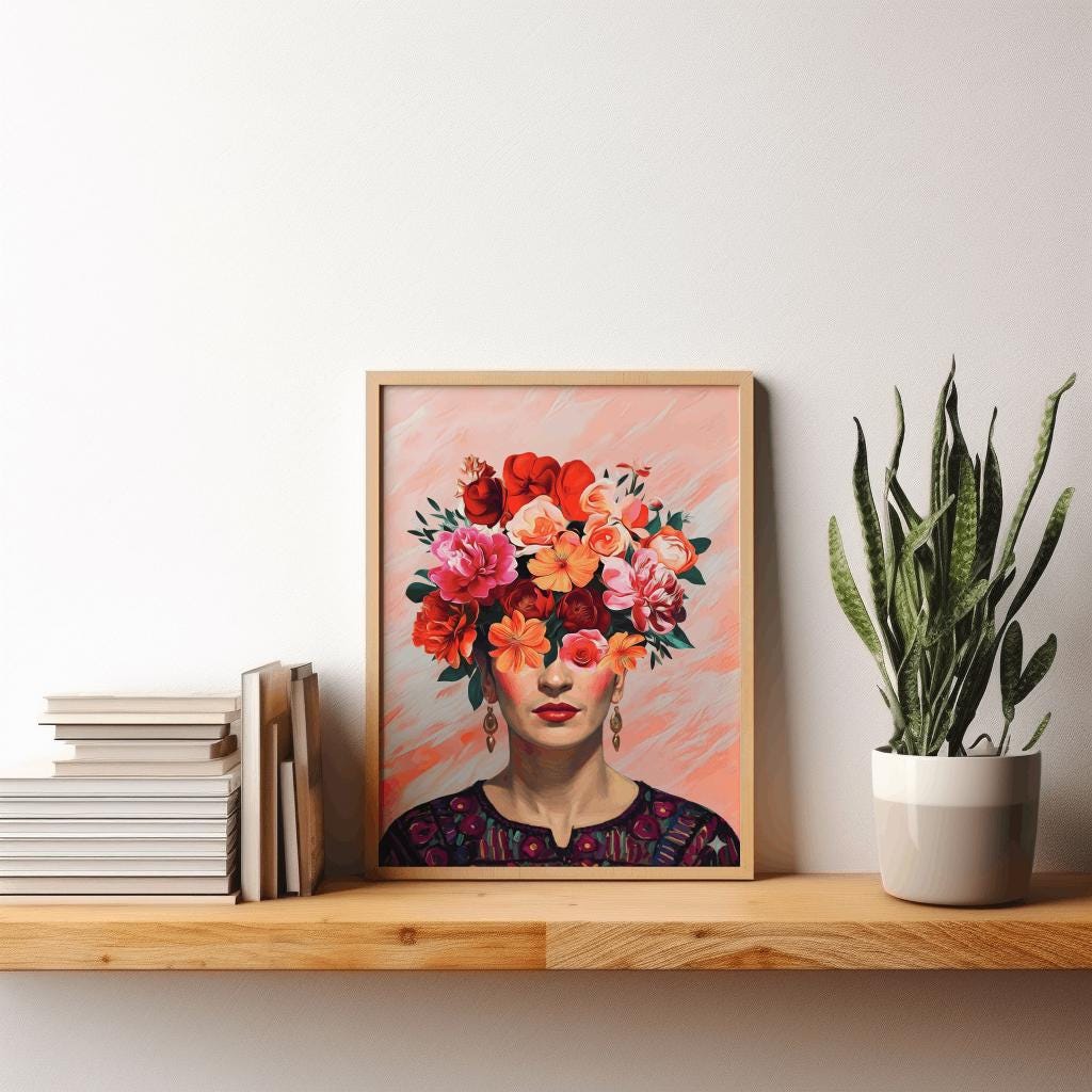 Frida Kahlo Portrait Print Floral Boho Wall Art - Digital Download