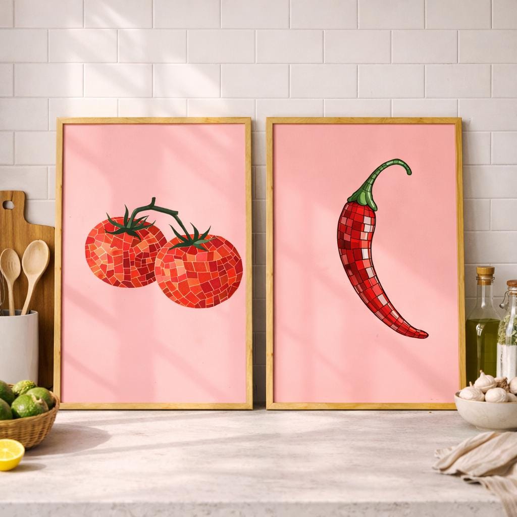 Heirloom Tomato and Red Pepper Kitchen Art Cottagecore Wall Decor - Digital Download