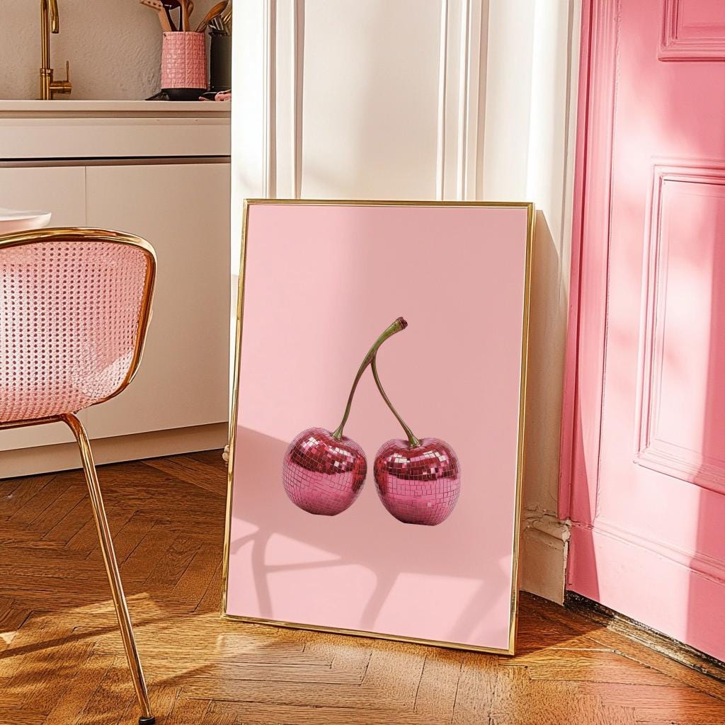Disco Cherry Poster Pink Fruit Kitchen Wall Art - Digital Download