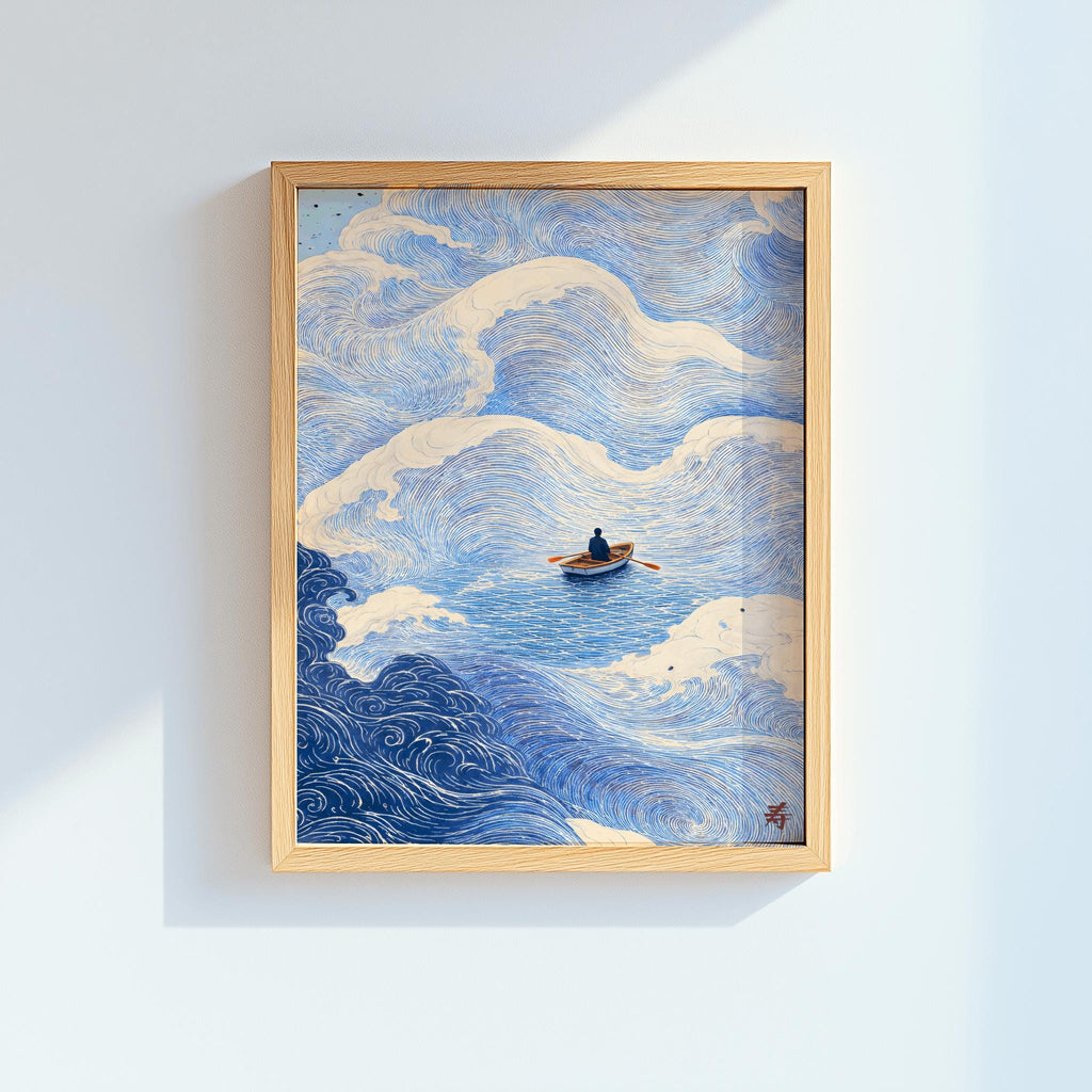 Japanese Wave Art Print Boat at Sea Ocean Wall Art - Digital Download