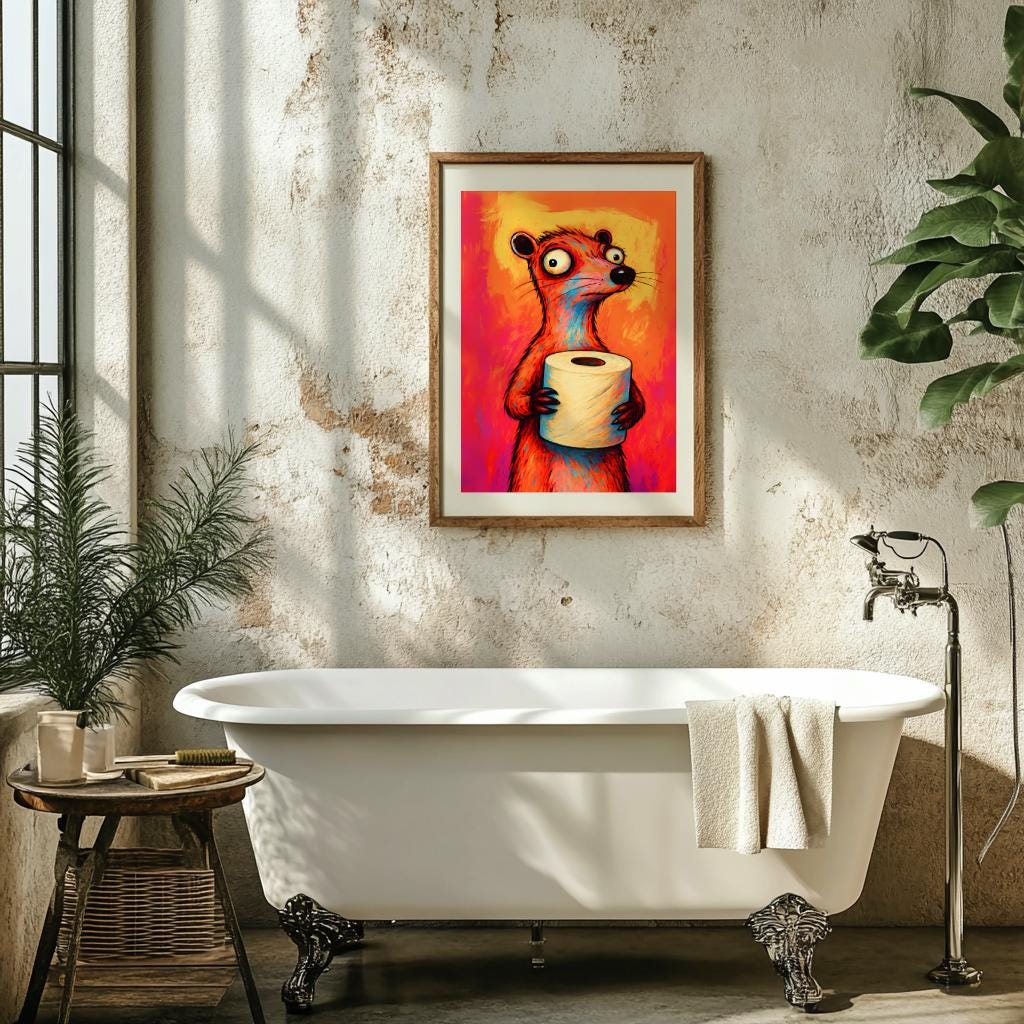 Funny Animal Bathroom Art Retro Toilet Paper Comic Poster - Digital Download