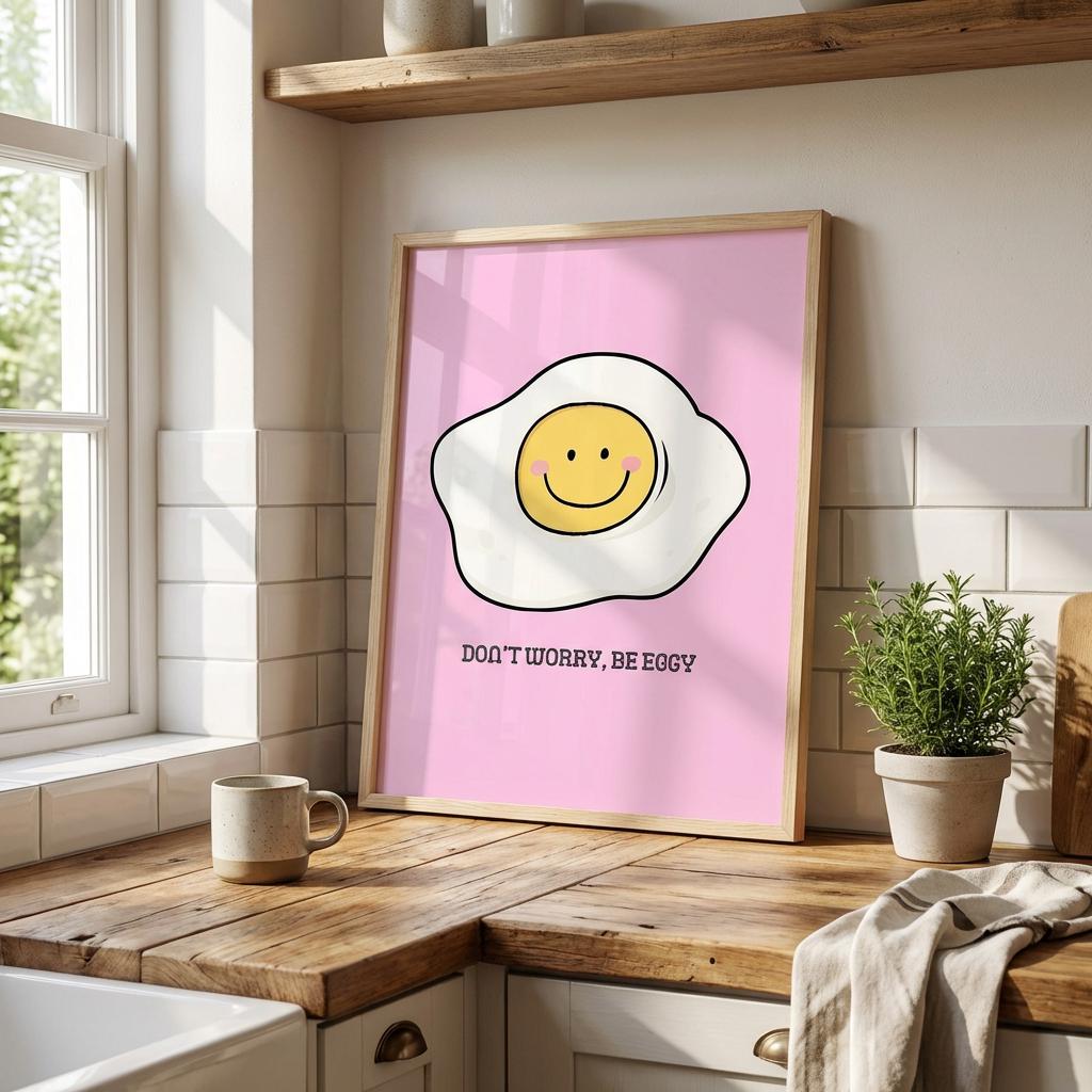 Don't Worry Be Eggy Poster Funny Kitchen Wall Art - Digital Download