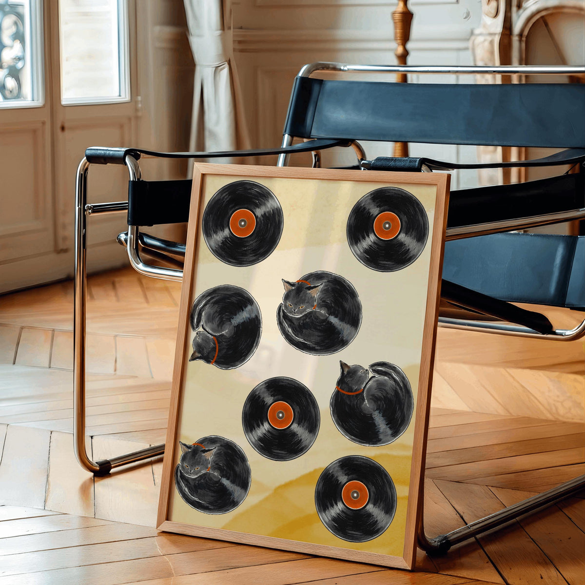 Retro Vinyl Record Cat Poster Cute Black Cat Music Art - Digital Download