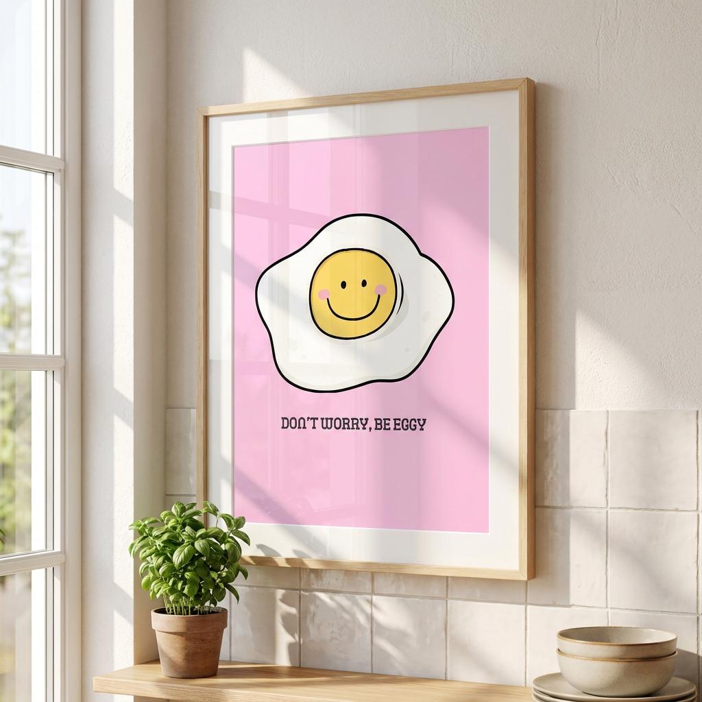 Don't Worry Be Eggy Poster Funny Kitchen Wall Art - Digital Download