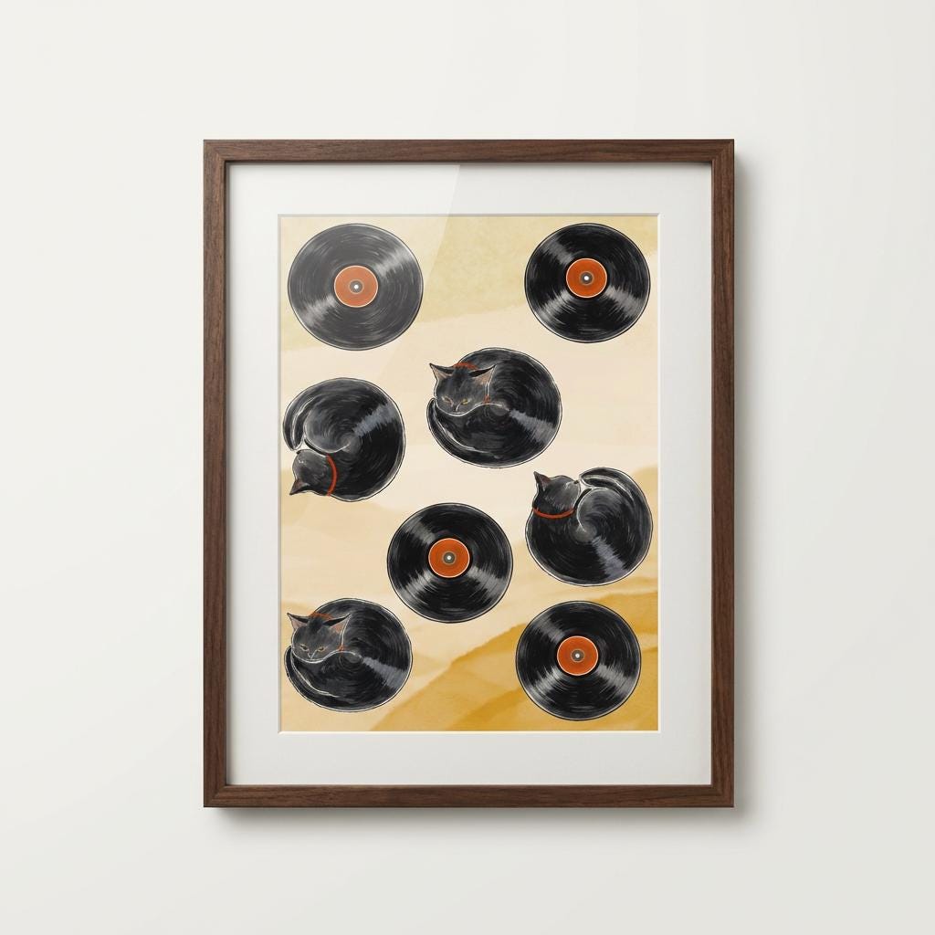 Retro Vinyl Record Cat Poster Cute Black Cat Music Art - Digital Download