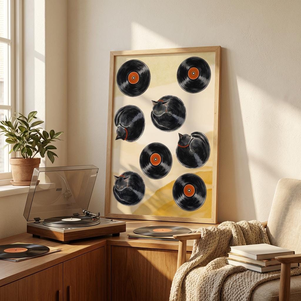 Retro Vinyl Record Cat Poster Cute Black Cat Music Art - Digital Download