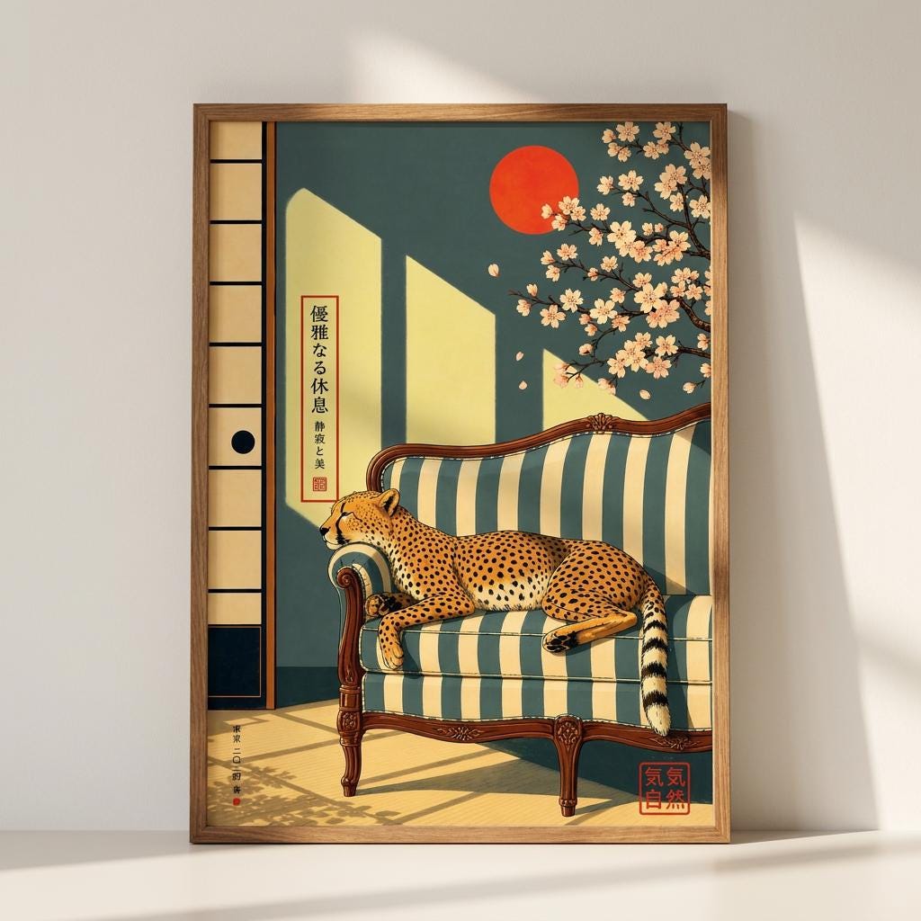 Japanese Cheetah Poster Sakura Vintage Animal Wall Art - Digital Download