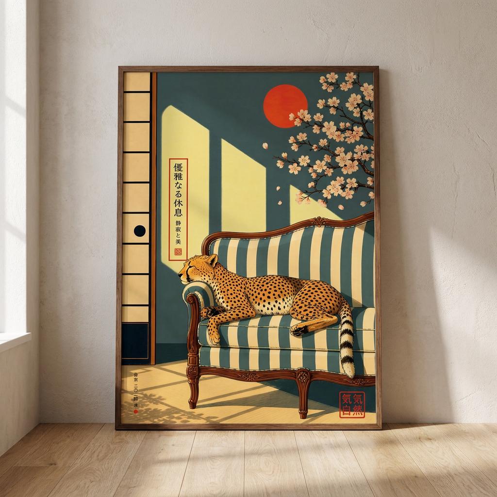 Japanese Cheetah Poster Sakura Vintage Animal Wall Art - Digital Download