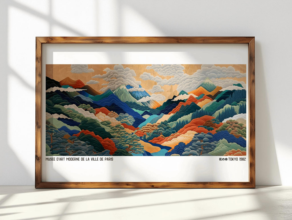 Japanese Mountainscape Art Print Abstract Polka Dot Landscape - Digital Download