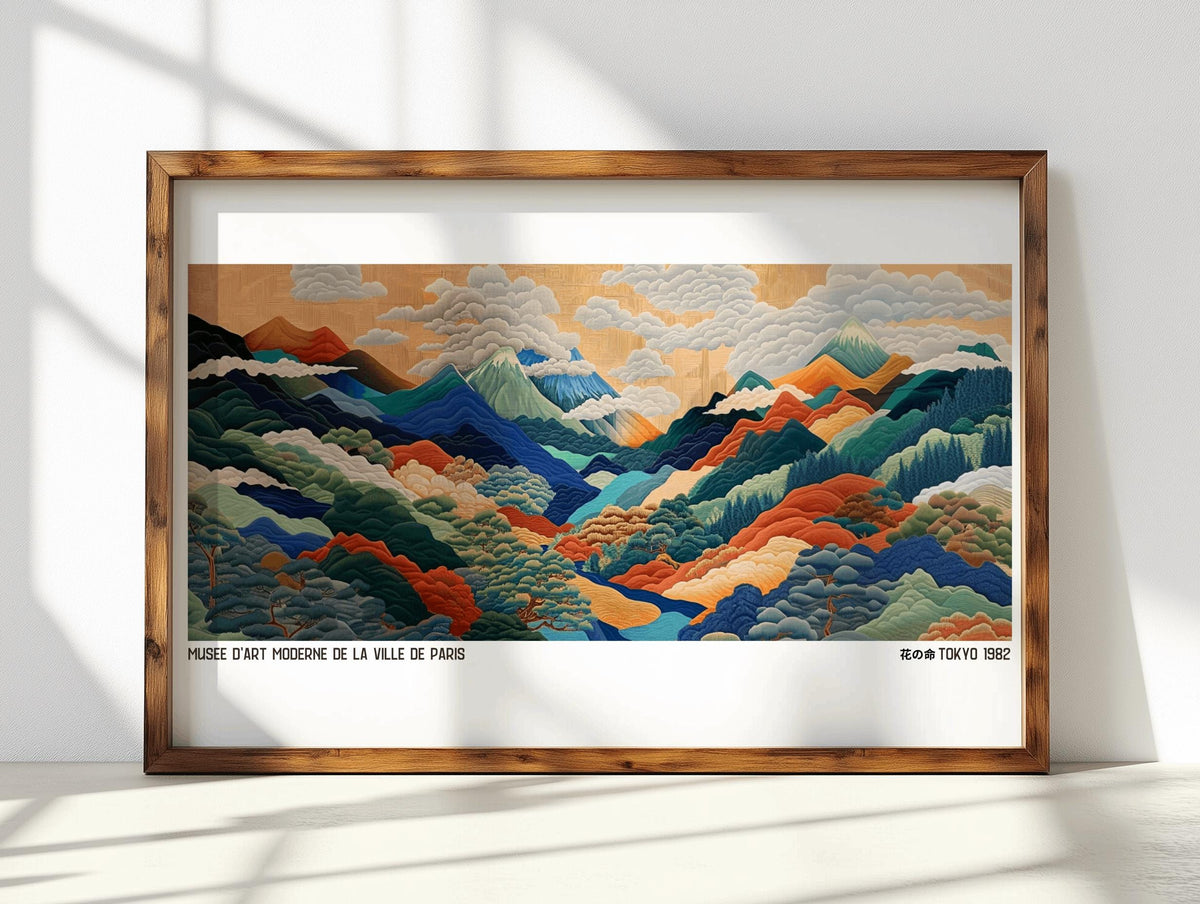 Japanese Mountainscape Art Print Abstract Polka Dot Landscape - Digital Download