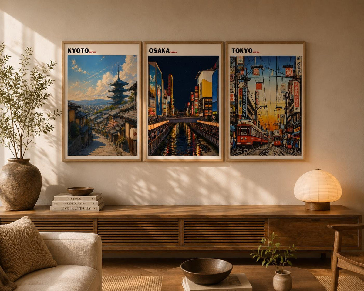 Tokyo Kyoto Osaka Poster Set of 3 Japanese Travel Wall Art - Digital Download