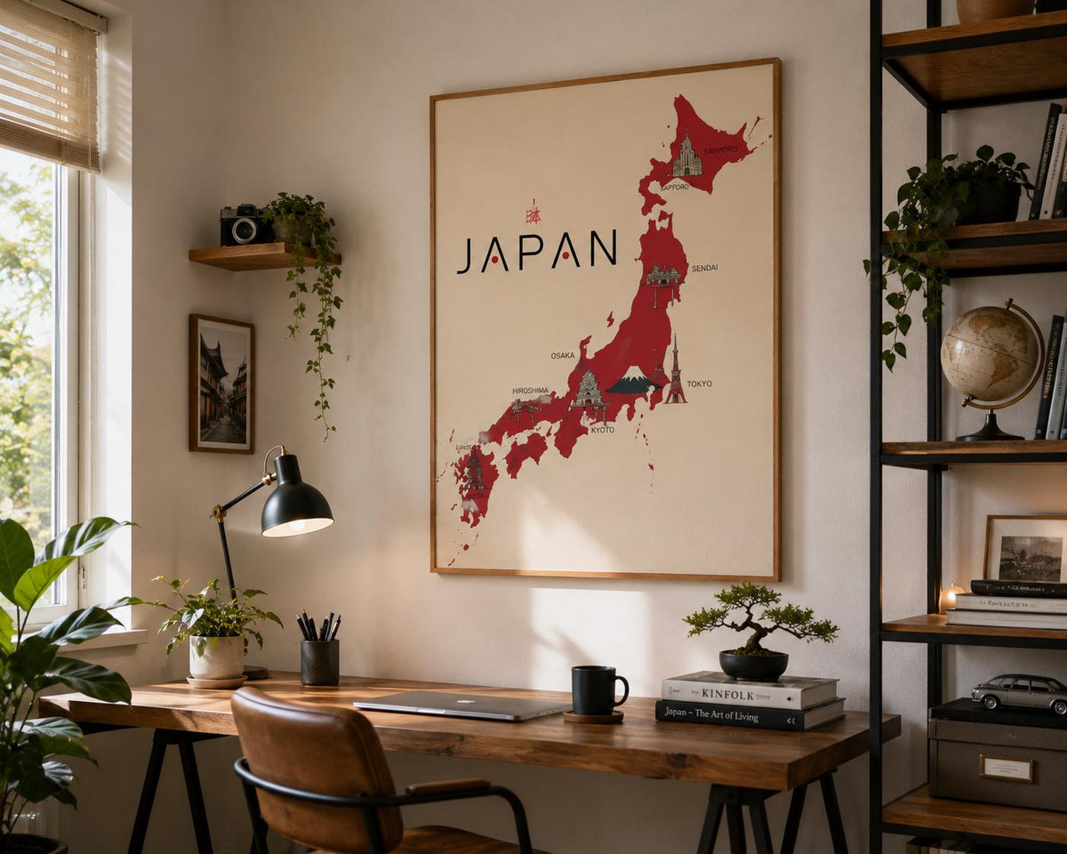 Japan Map Poster Illustrated Japanese Landmarks Print - Digital Download