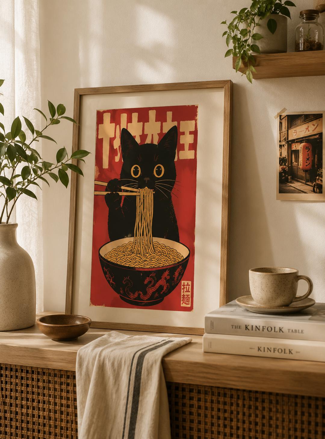 Vintage Cat Ramen Poster Japanese Kitchen Wall Art - Digital Download
