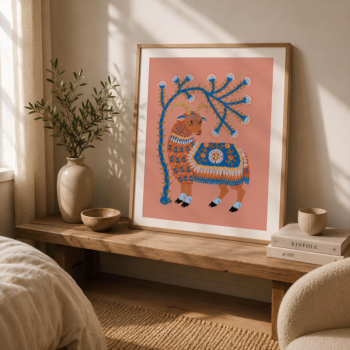 Folk Art Ram Print Scandinavian Animal Wall Art - Digital Download