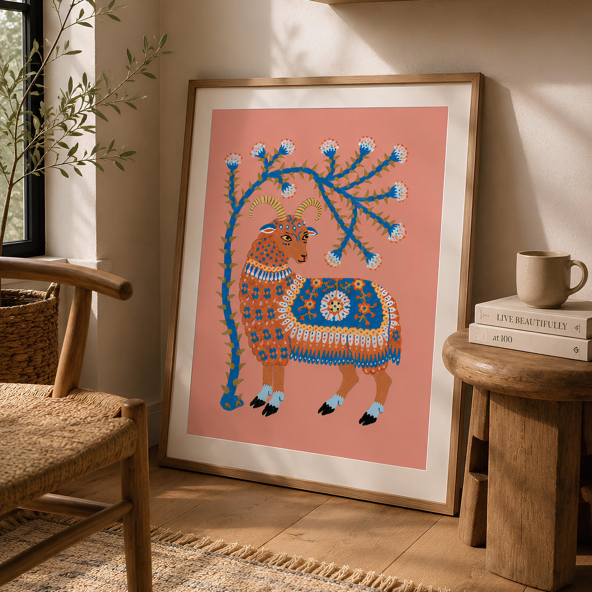 Folk Art Ram Print Scandinavian Animal Wall Art - Digital Download