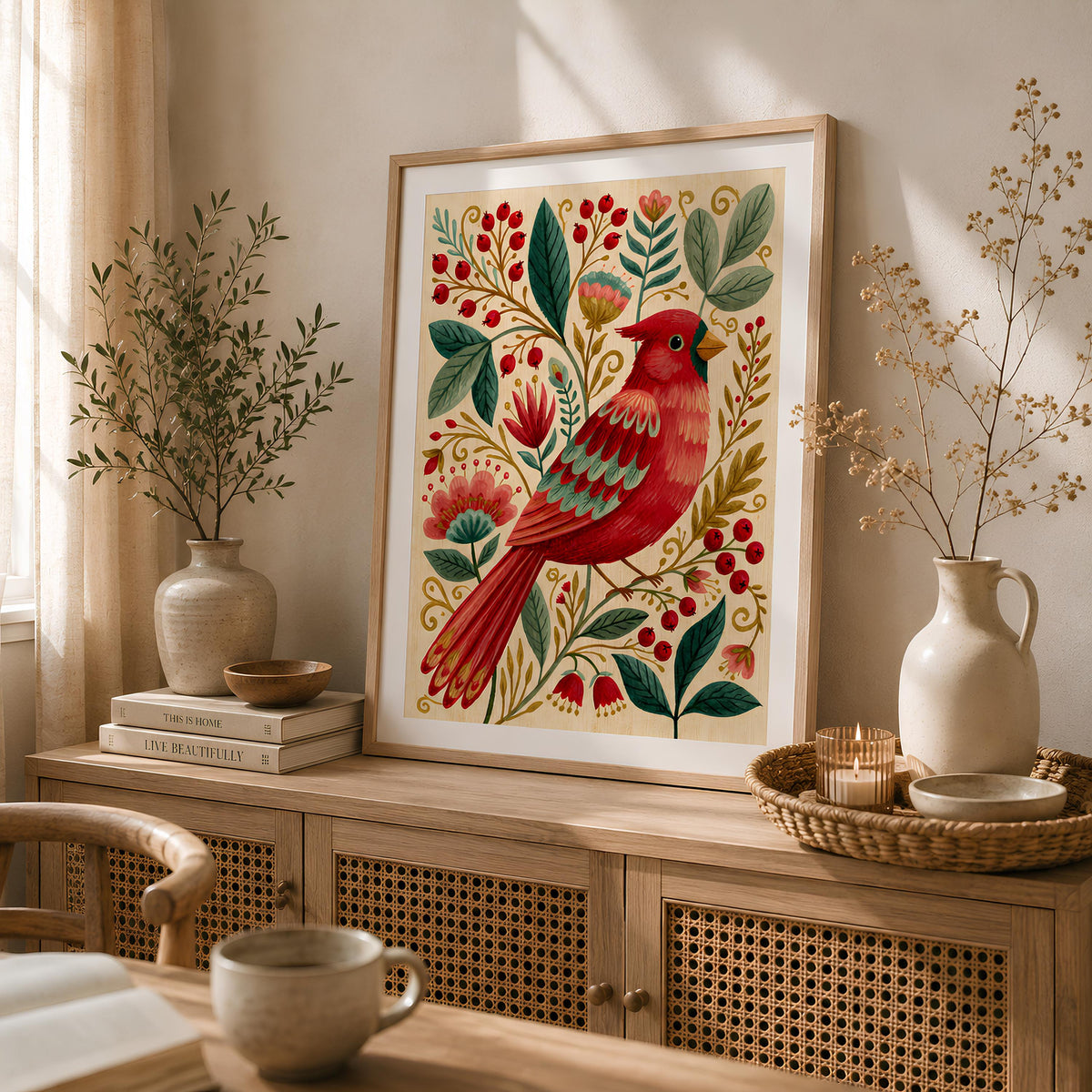 Cardinal Bird Folk Art Print Scandinavian Botanical Wall Art - Digital Download