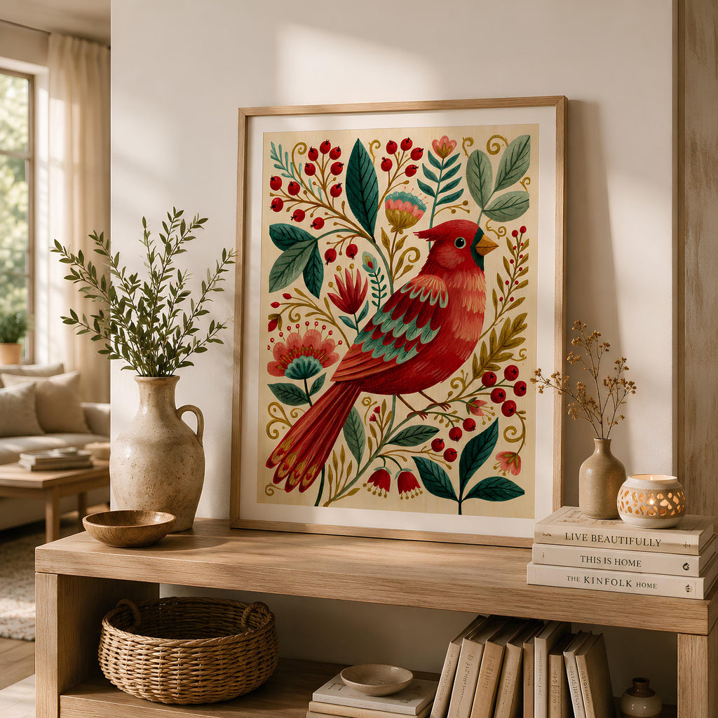 Cardinal Bird Folk Art Print Scandinavian Botanical Wall Art - Digital Download