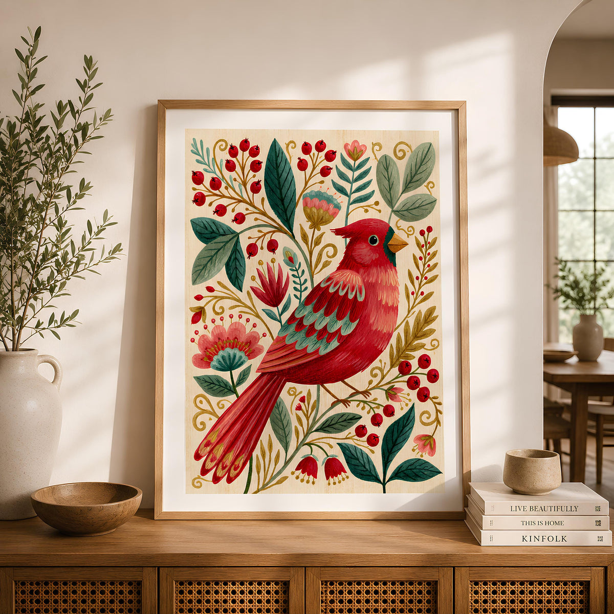 Cardinal Bird Folk Art Print Scandinavian Botanical Wall Art - Digital Download