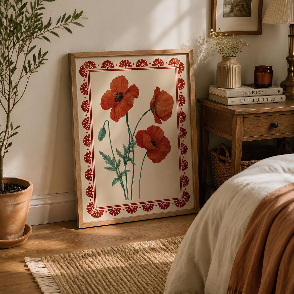 Orange Poppy Folk Art Print Scandinavian Botanical Wall Art - Digital Download