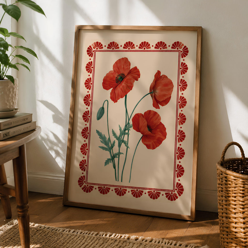 Orange Poppy Folk Art Print Scandinavian Botanical Wall Art - Digital Download