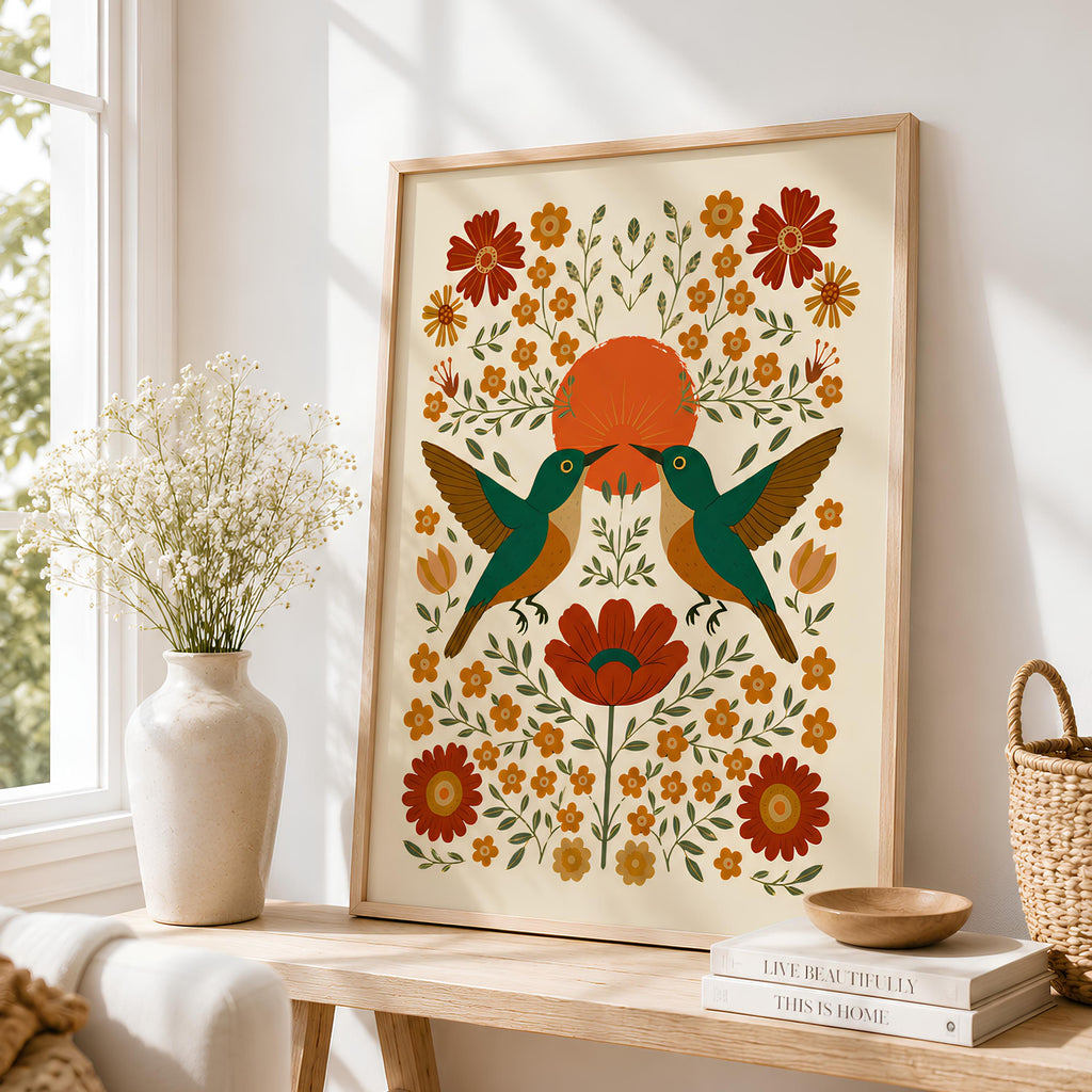 Scandinavian Hummingbird Folk Art Print Nature Wall Decor - Digital Download
