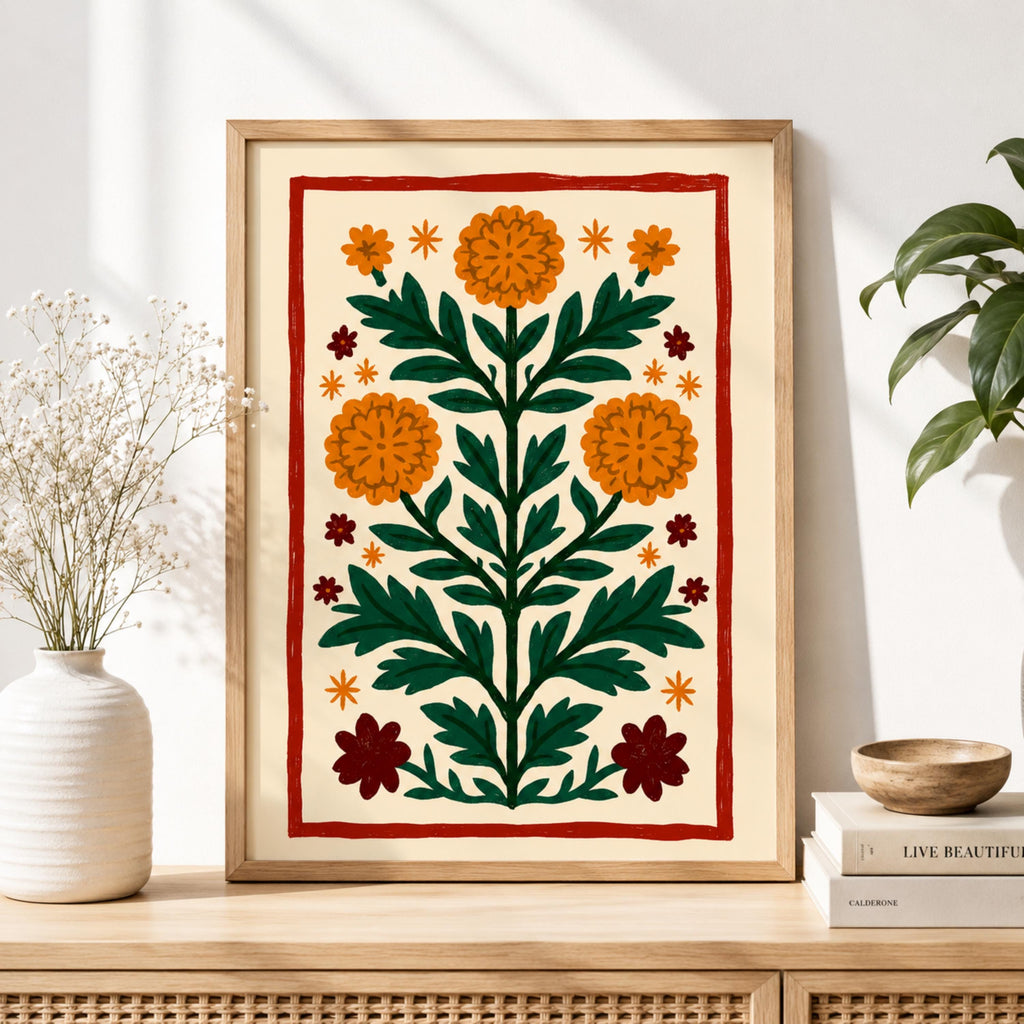 Swedish Folk Art Print Scandinavian Botanical Floral Poster - Digital Download