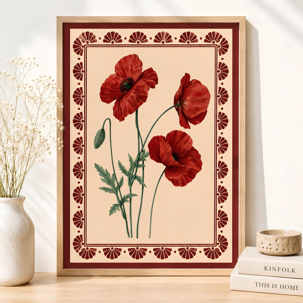 Orange Poppy Folk Art Print Scandinavian Botanical Wall Art - Digital Download