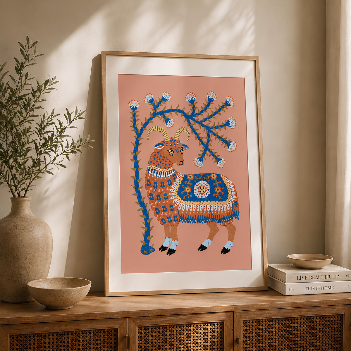 Folk Art Ram Print Scandinavian Animal Wall Art - Digital Download