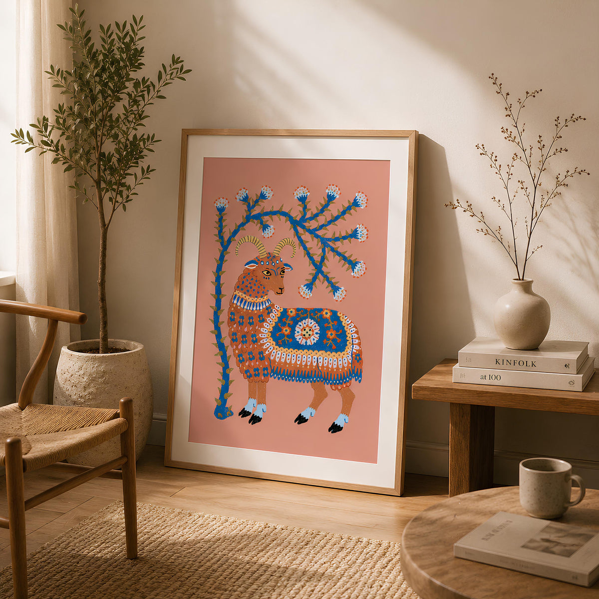 Folk Art Ram Print Scandinavian Animal Wall Art - Digital Download
