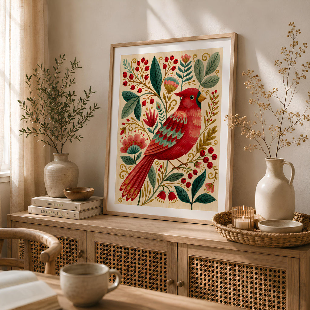 Cardinal Bird Folk Art Print Scandinavian Botanical Wall Art - Digital Download