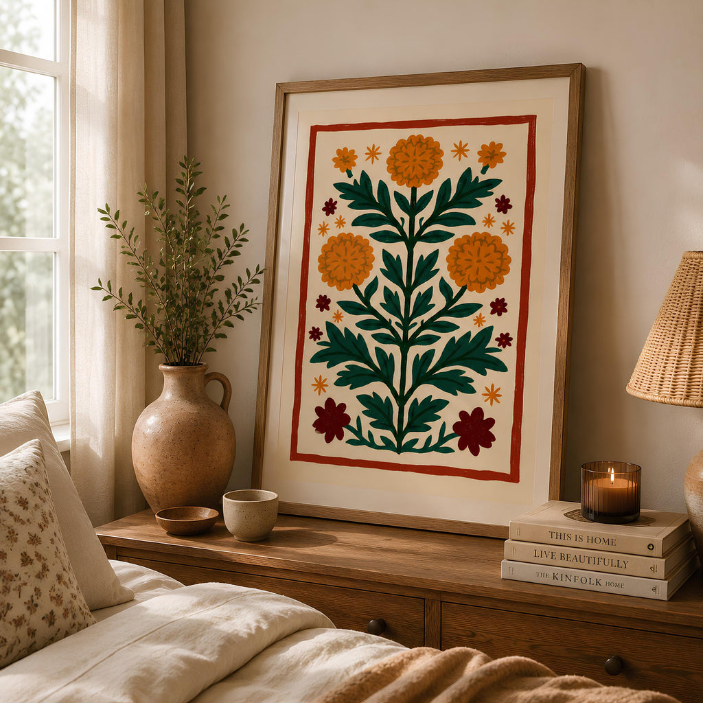 Swedish Folk Art Print Scandinavian Botanical Floral Poster - Digital Download