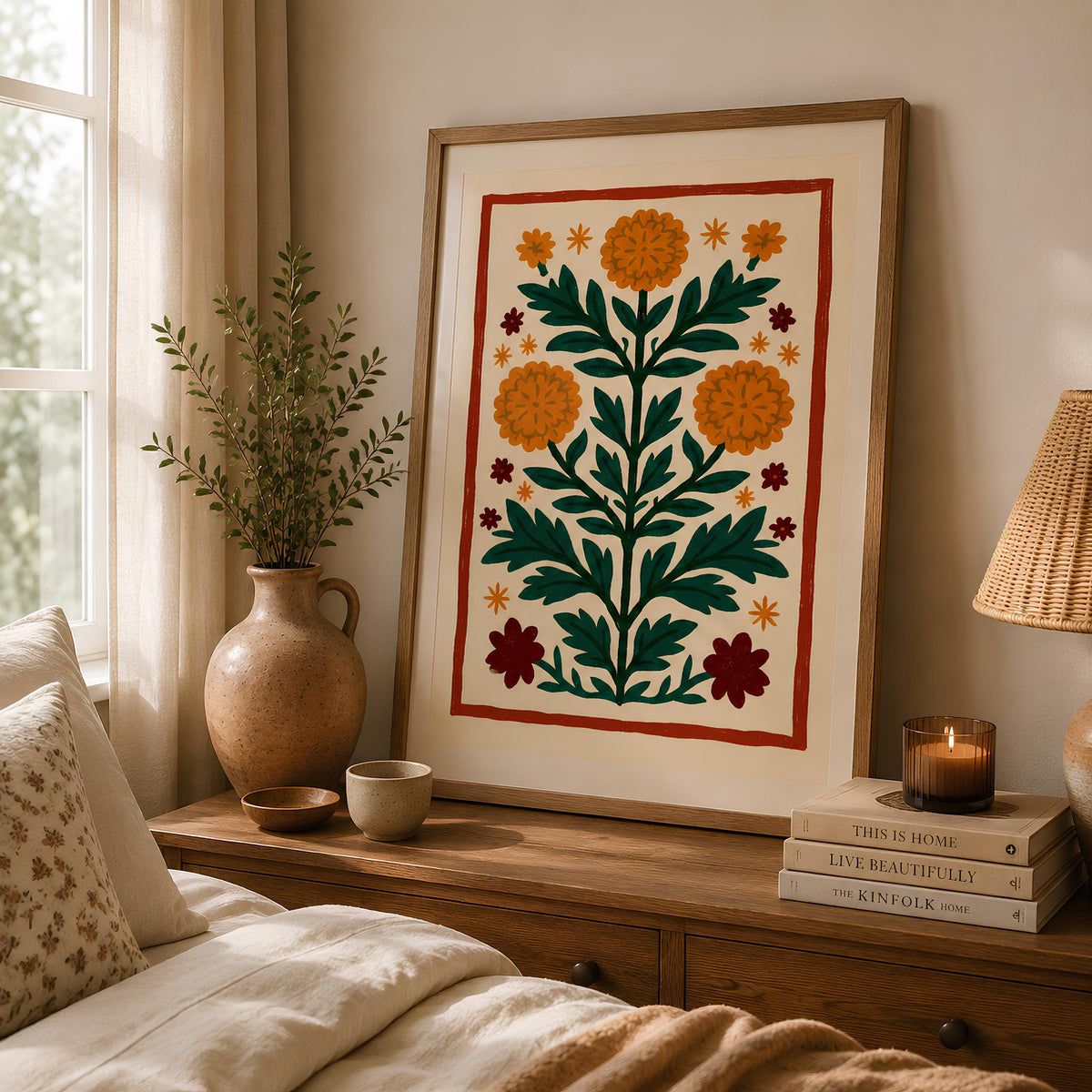 Swedish Folk Art Print Scandinavian Botanical Floral Poster - Digital Download