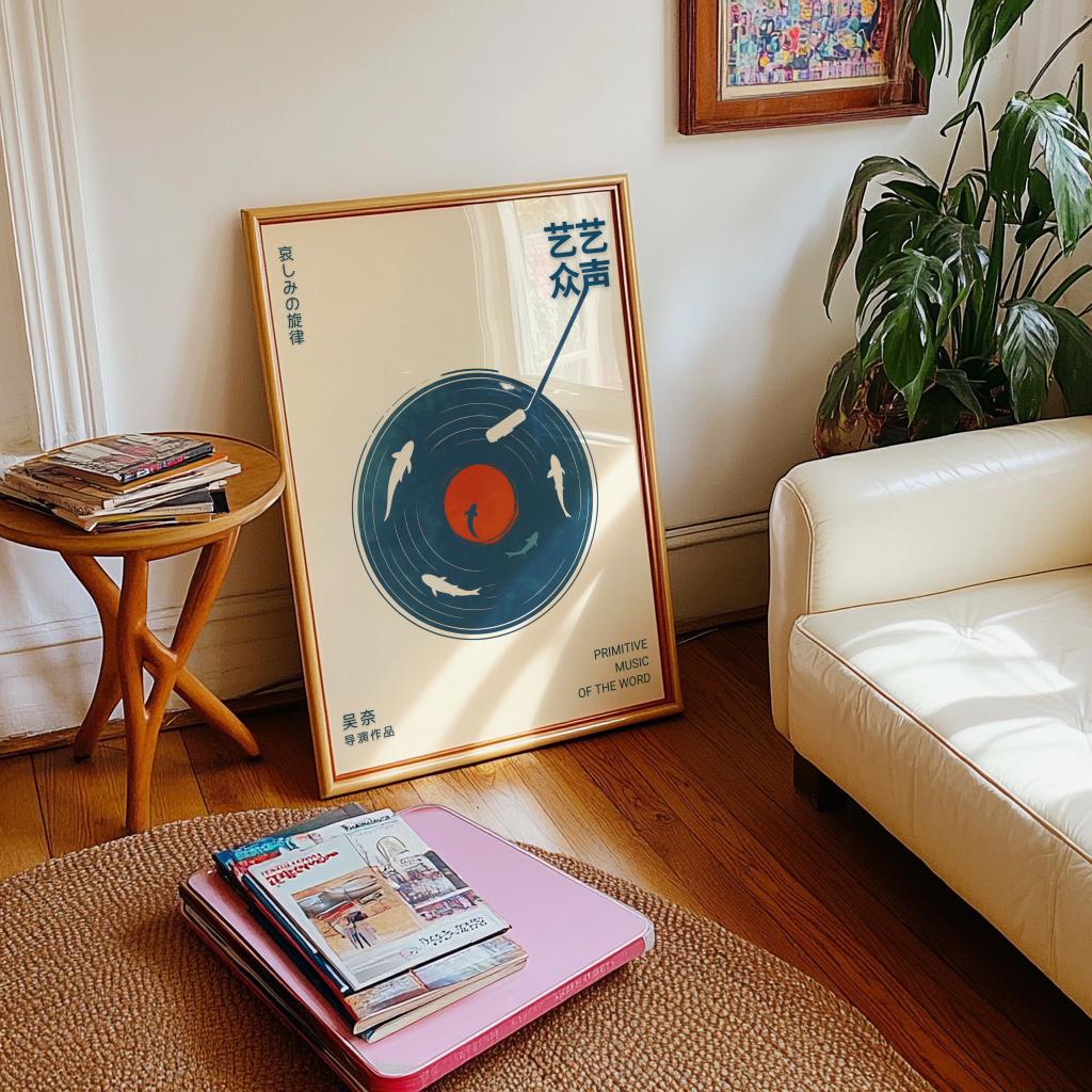 Blue Record Player Poster Japanese Koi Fish Vinyl Wall Art - Digital Download