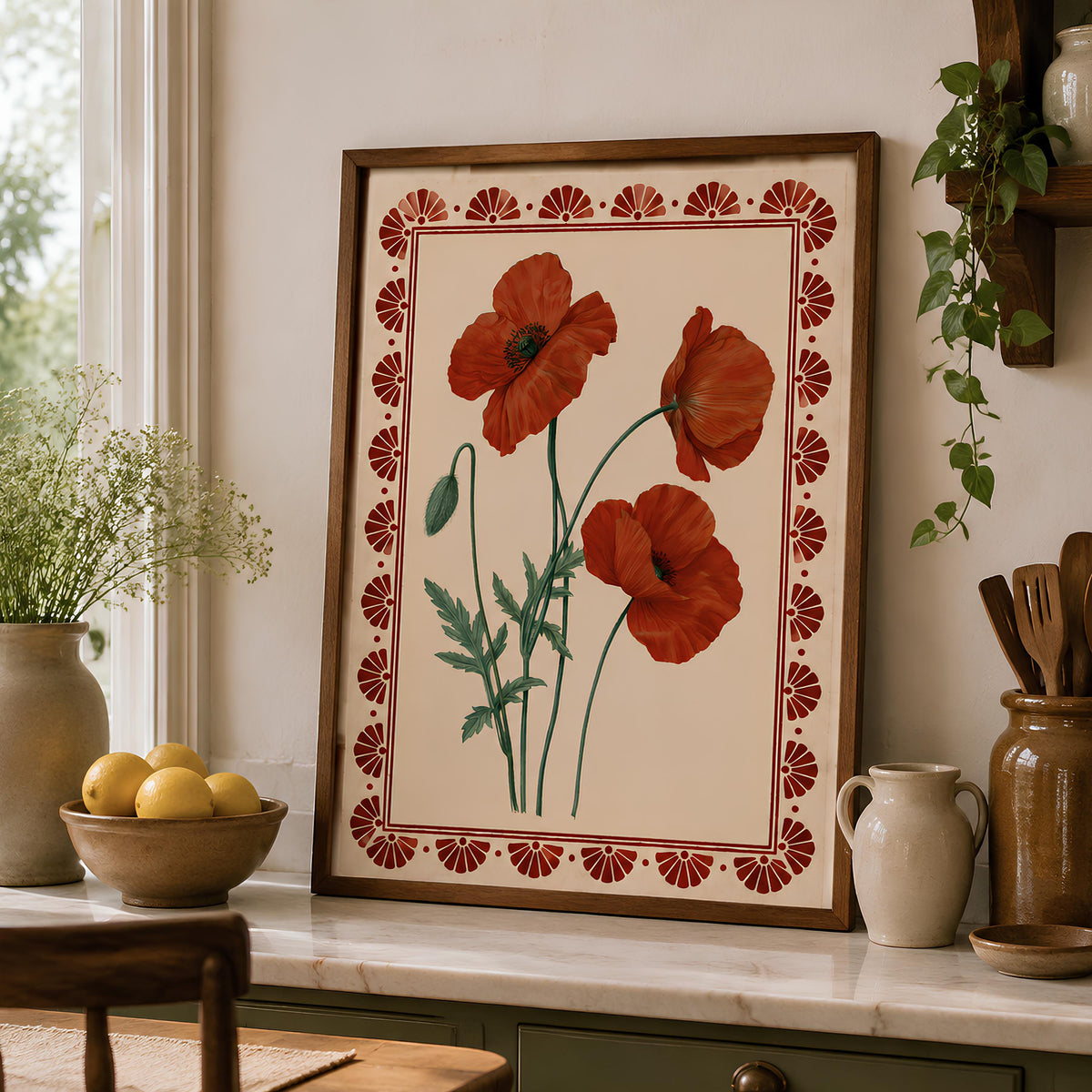Orange Poppy Folk Art Print Scandinavian Botanical Wall Art - Digital Download