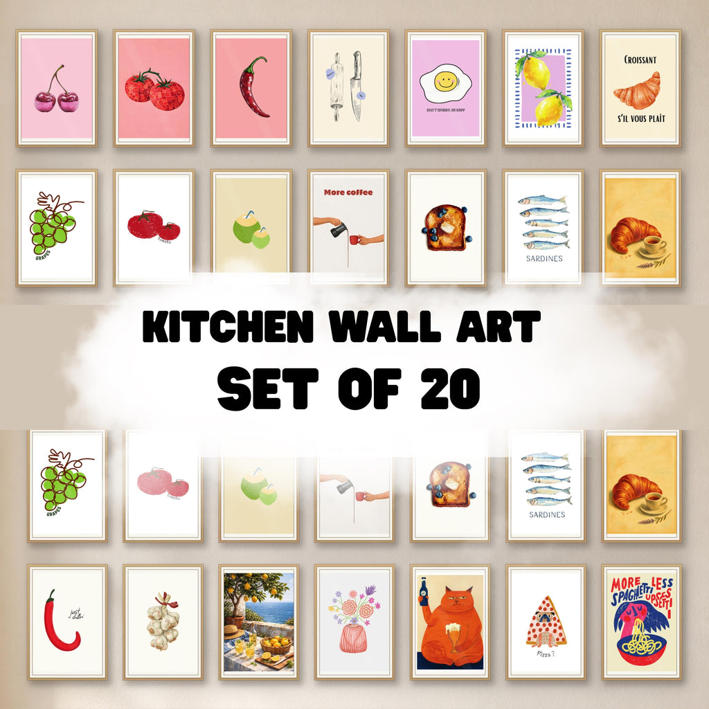 20 Trendy Kitchen Print Set Food Cocktail Gallery Wall Art - Digital Download