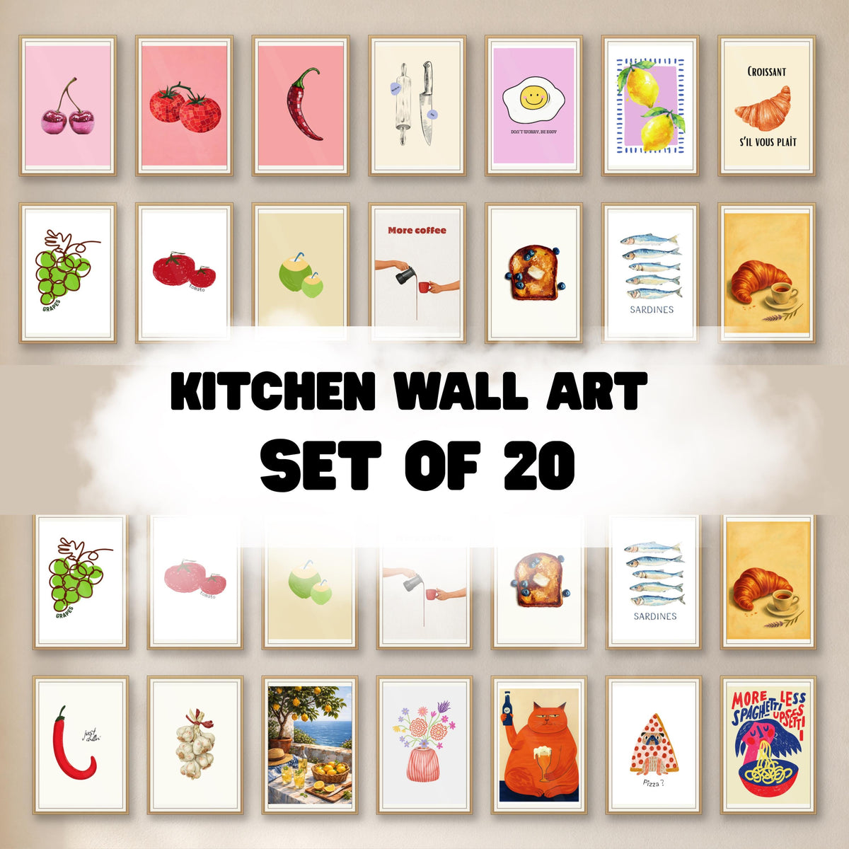 20 Trendy Kitchen Print Set Food Cocktail Gallery Wall Art - Digital Download